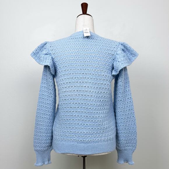 Ann Taylor LOFT Blue Pointelle Lace Knit Ruffle Feminine Long Sleeve Sweater NWT - Picture 8 of 10